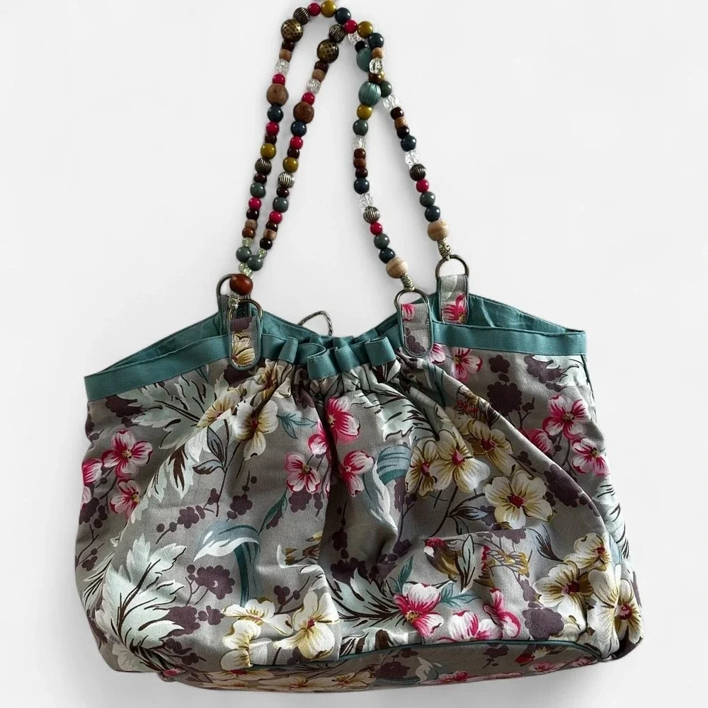 Boho Floral Beaded Handle Tote Bag Canvas Sequin Handbag Teal